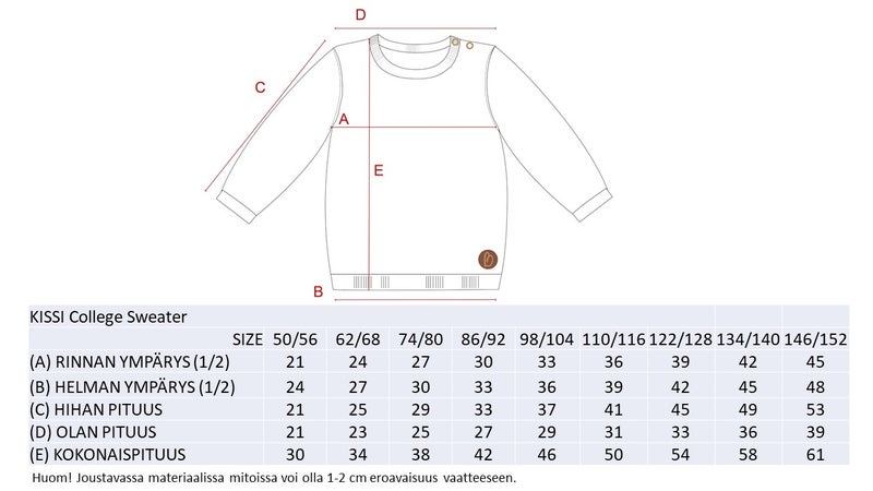 Kissi lasten collegepaita mitat